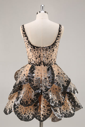 Black Apricot Sequined Tiered A Line Homecoming Dress
